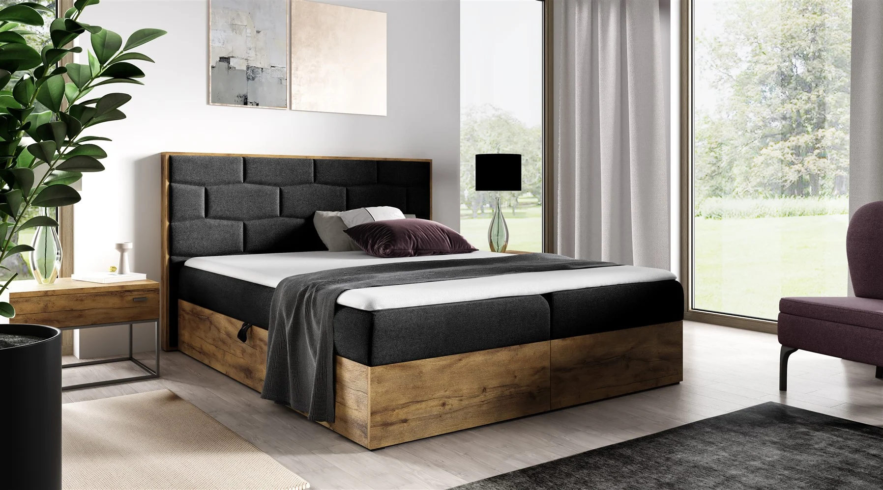 Boxspringbett Bett BEILA 120x200cm Lancelot Eiche Stoff Schwarz inkl. Bettkasten - Fun Moebel