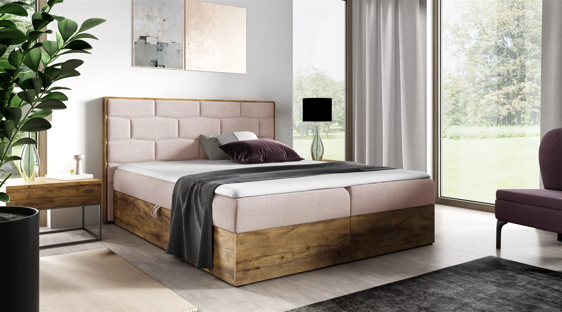 Boxspringbett Bett BEILA 120x200cm Lancelot Eiche Stoff Rosa inkl. Bettkasten - Fun Moebel