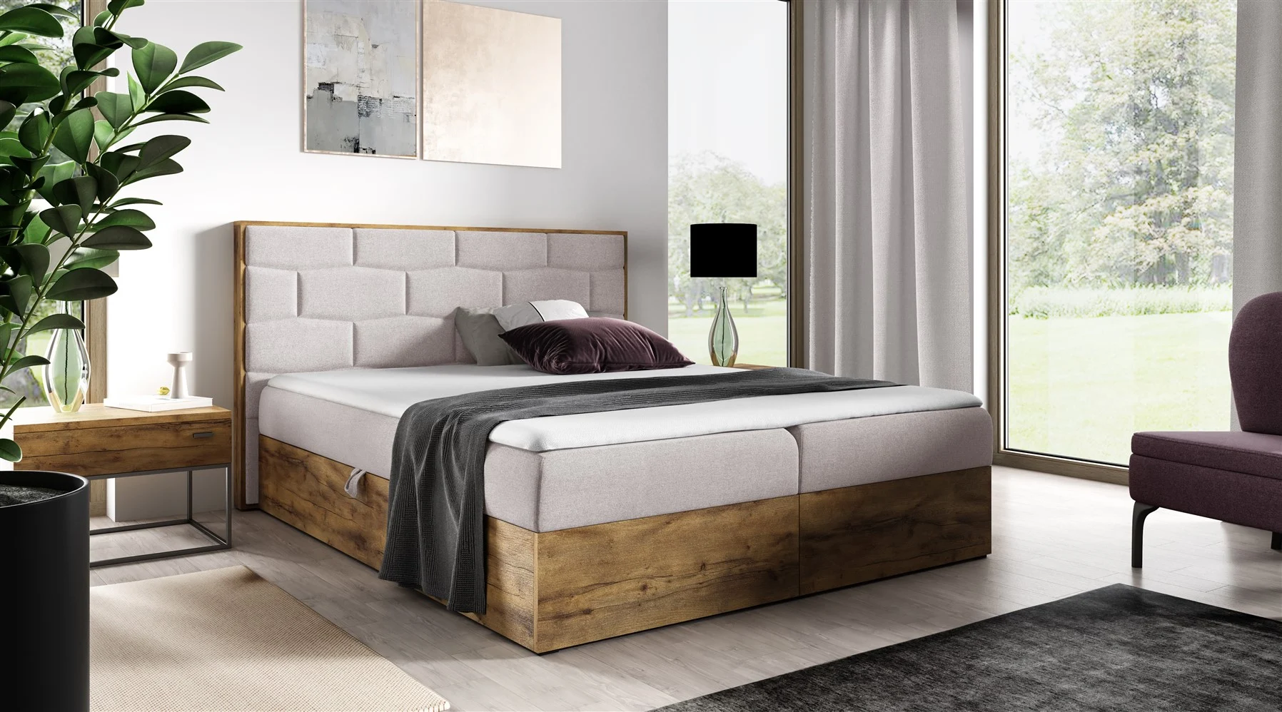 Boxspringbett Bett BEILA 120x200cm Lancelot Eiche Stoff Hellbeige ink Bettkasten - Fun Moebel