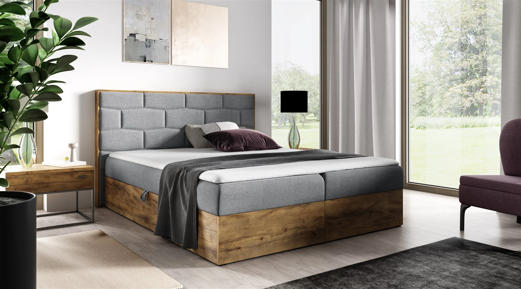 Boxspringbett Bett BEILA 140x200cm Lancelot Eiche Stoff Grau inkl. Bettkasten - Fun Moebel