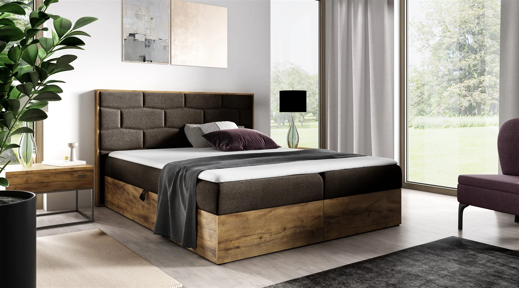 Boxspringbett Bett BEILA 120x200cm Lancelot Eiche Stoff Braun inkl. Bettkasten - Fun Moebel