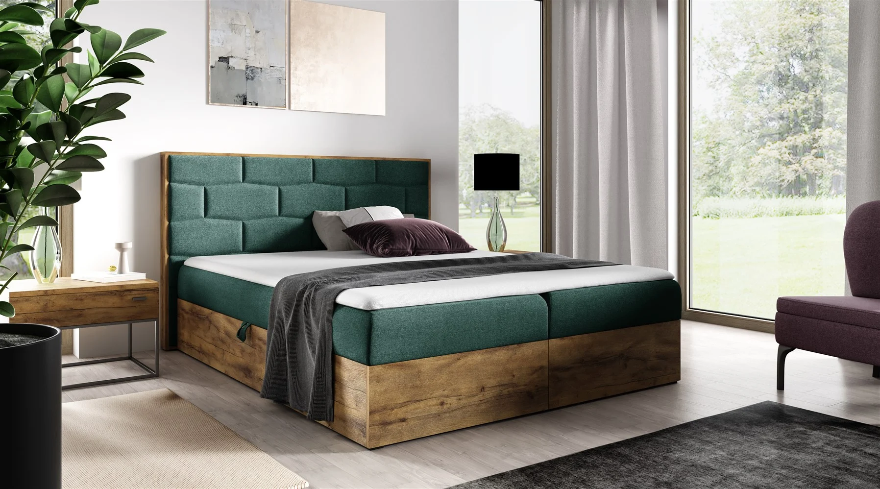 Boxspringbett Bett BEILA 160x200cm Lancelot Eiche Stoff Grün inkl. Bettkasten - Fun Moebel