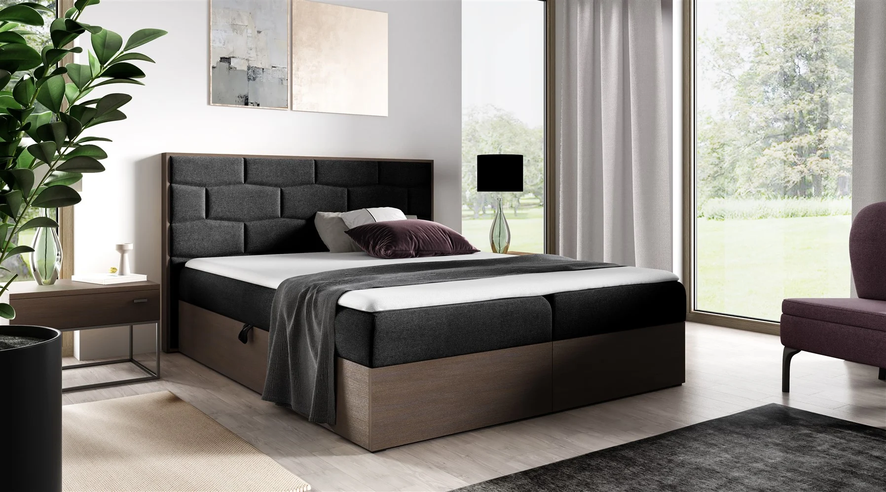 Boxspringbett Bett BEILA 120x200cm Dunkel Eiche Stoff Schwarz inkl. Bettkasten - Fun Moebel