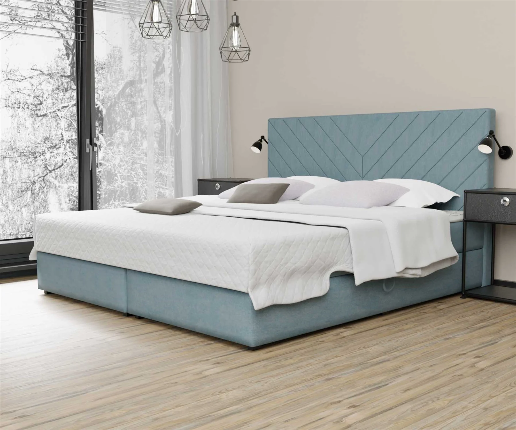 Boxspringbett Schlafzimmerbett BELCORA 120x220cm Stoff Hellblau inkl. Bettkasten - Fun Moebel