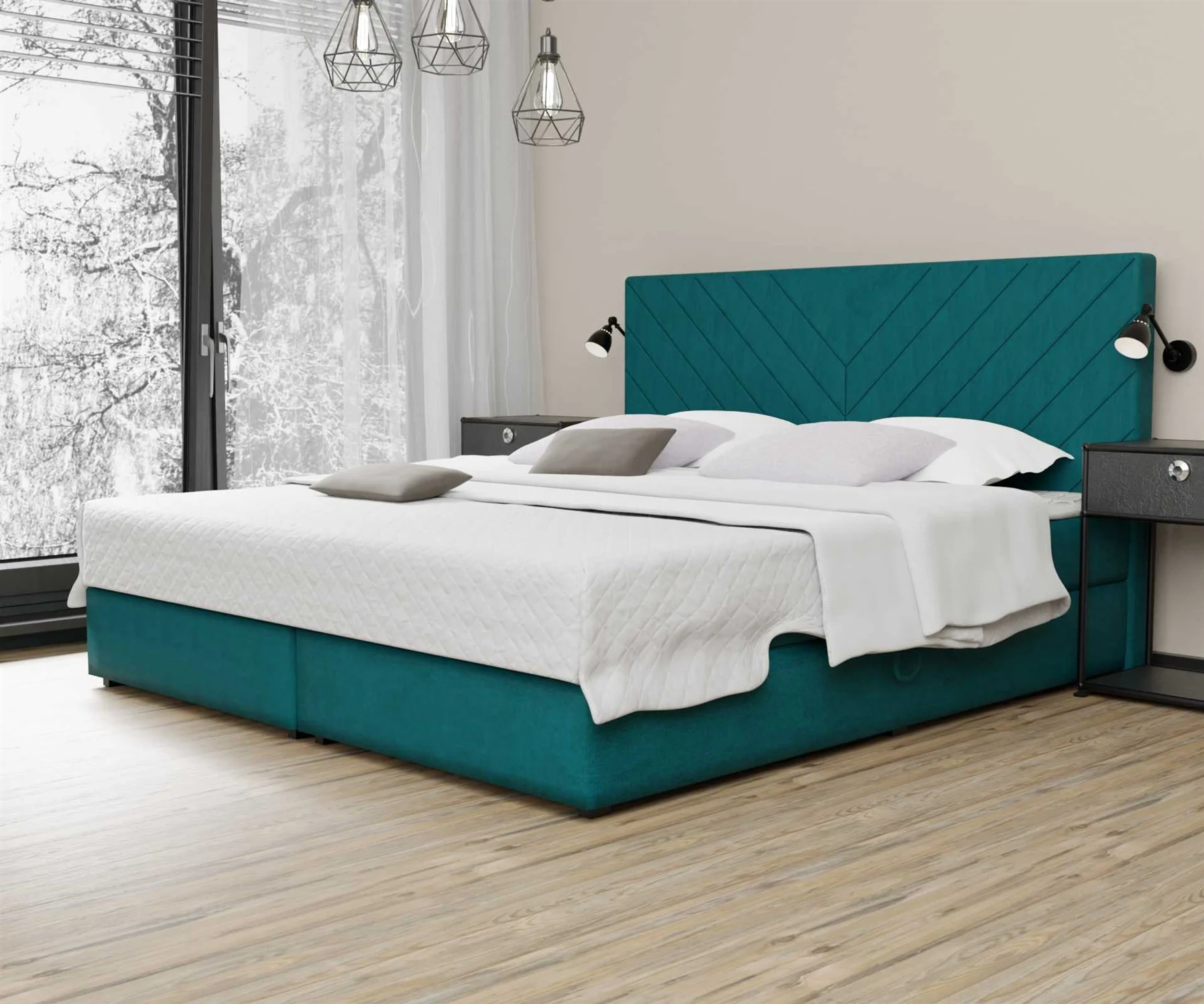 Boxspringbett Schlafzimmerbett BELCORA 160x200cm Stoff Türkisblau ink Bettkasten - Fun Moebel