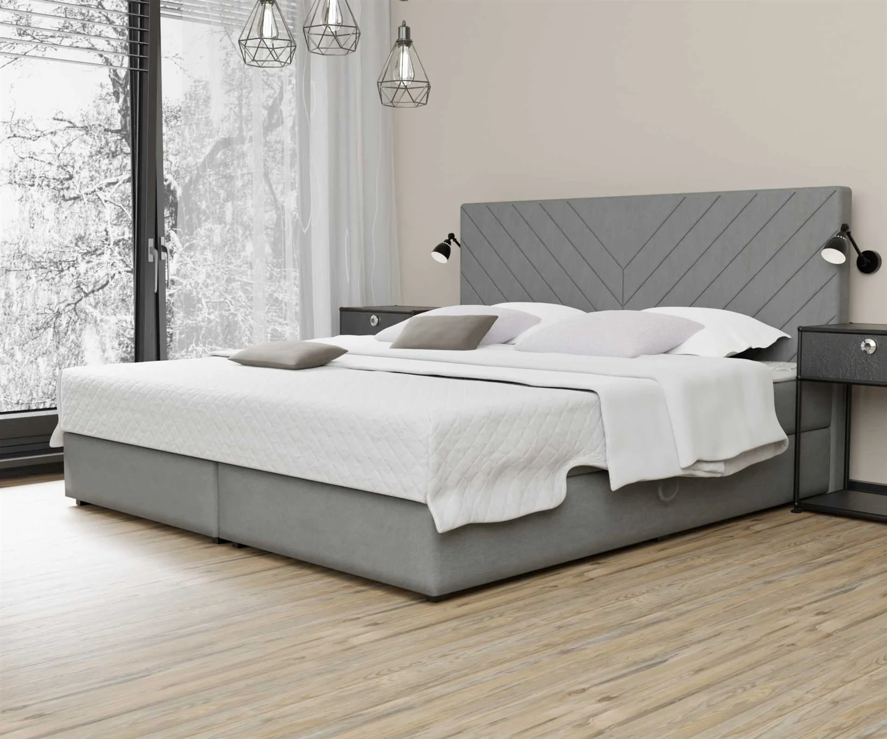 Boxspringbett Schlafzimmerbett BELCORA 140x200cm Stoff Grau inkl. Bettkasten - Fun Moebel
