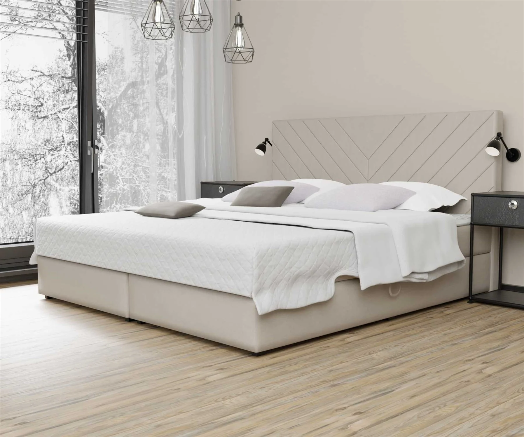 Boxspringbett Schlafzimmerbett BELCORA 140x200cm Stoff Creme inkl. Bettkasten - Fun Moebel