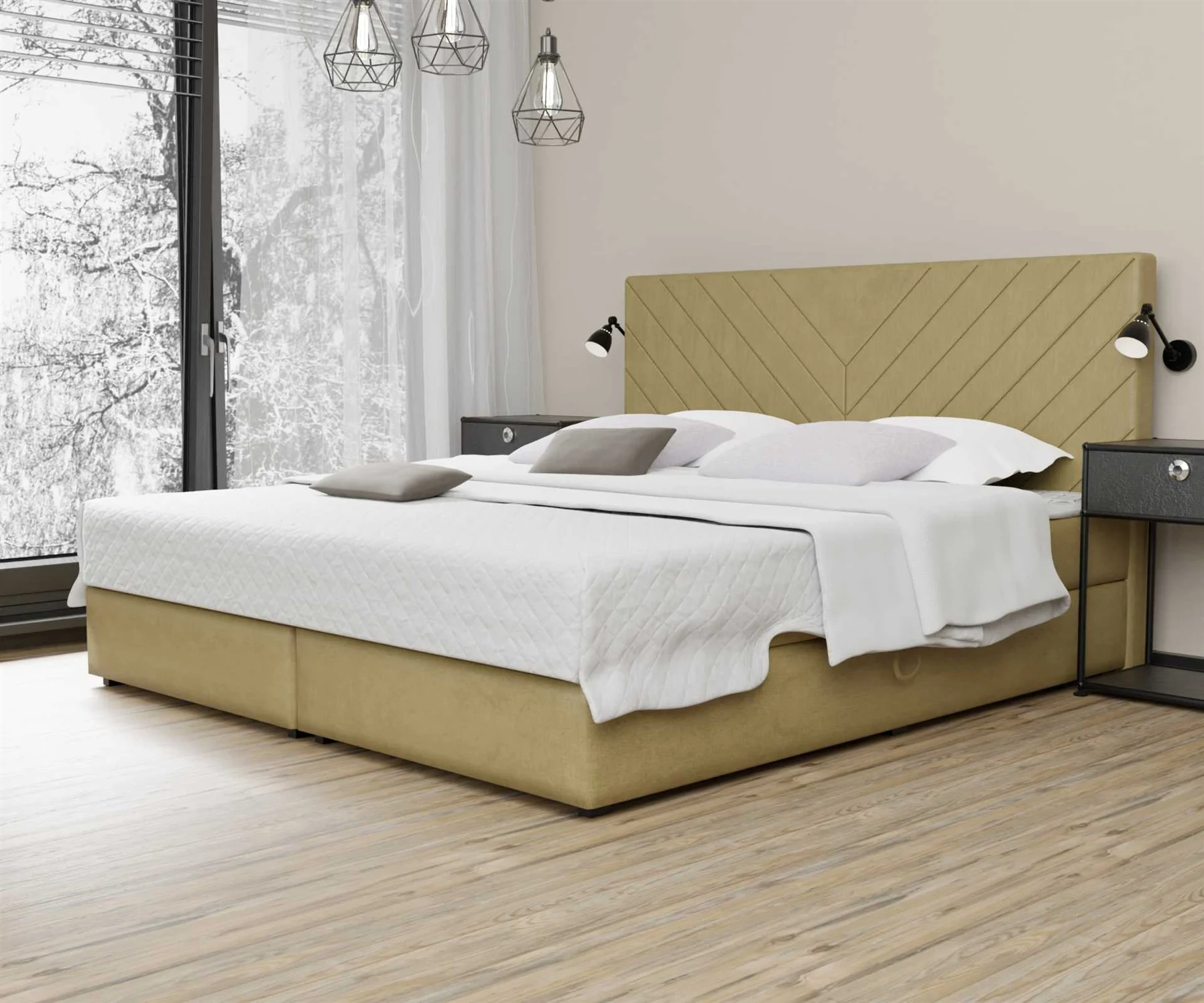 Boxspringbett Schlafzimmerbett BELCORA 120x200cm Stoff Senf inkl. Bettkasten - Fun Moebel