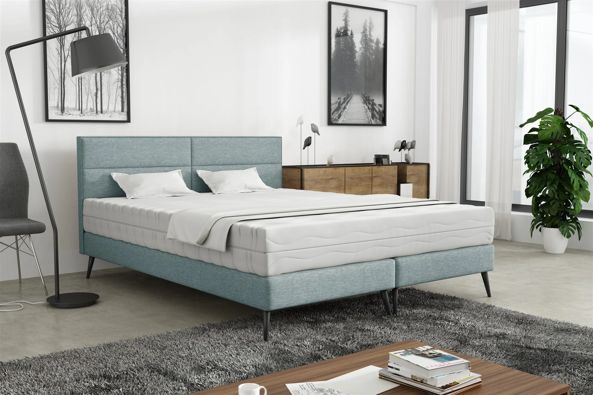 Polsterbett Doppelbett BERGAMO 120x200cm Komplettset Stoff Gemma Eisblau - Fun Möbel