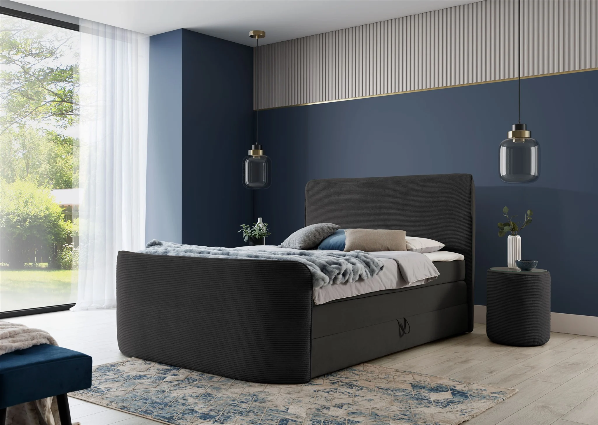 Boxspringbett Schlafzimmerbett BODY 120x200cm in Stoff Schwarz inkl. Bettkasten - Fun Möbel