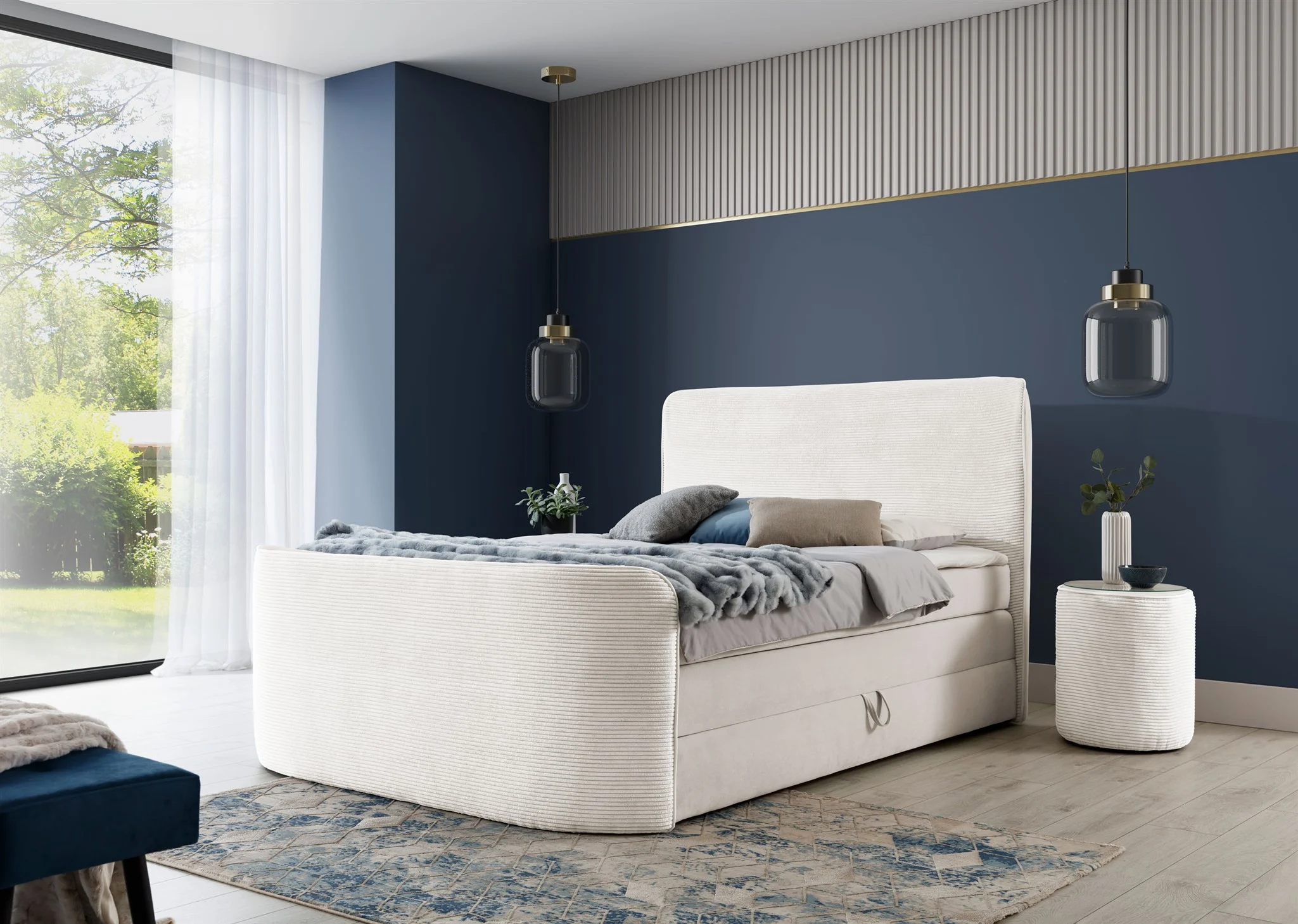 Boxspringbett Schlafzimmerbett BODY 120x200cm in Stoff Creme inkl. Bettkasten - Fun Möbel