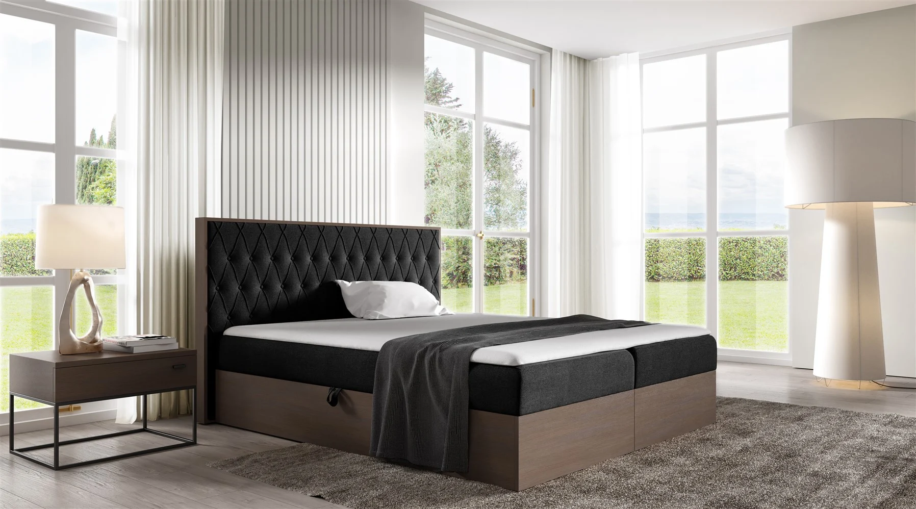 Boxspringbett Bett BROMIA 120x200cm Dunkel Eiche Stoff Schwarz inkl. Bettkasten - Fun Moebel