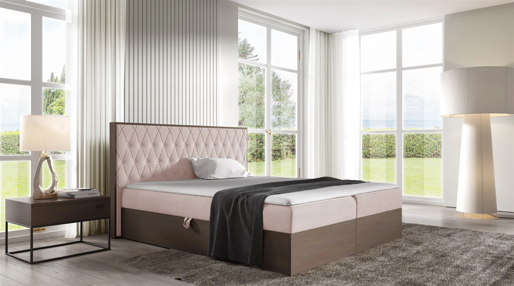 Boxspringbett Bett BROMIA 140x200cm Dunkel Eiche Stoff Altrosa inkl. Bettkasten - Fun Moebel