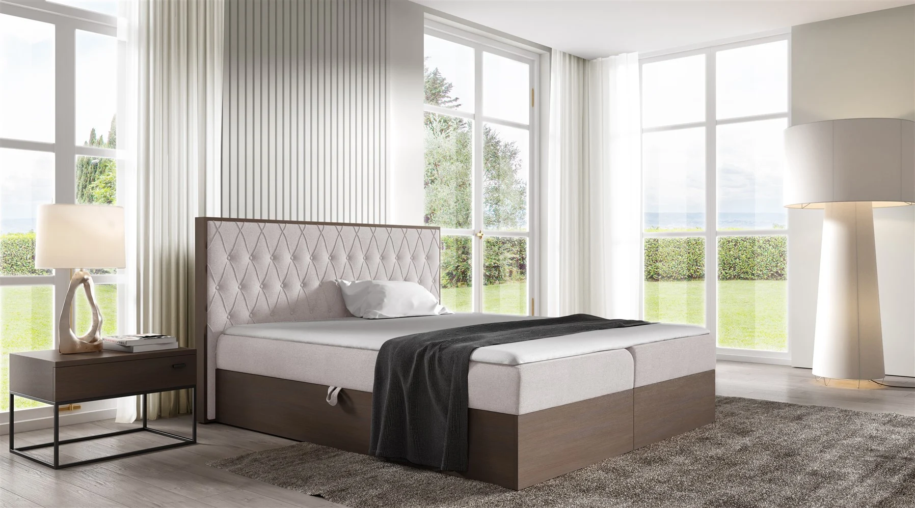 Boxspringbett Bett BROMIA 120x200cm Dunkel Eiche Stoff Hellbeige inkl Bettkasten - Fun Moebel