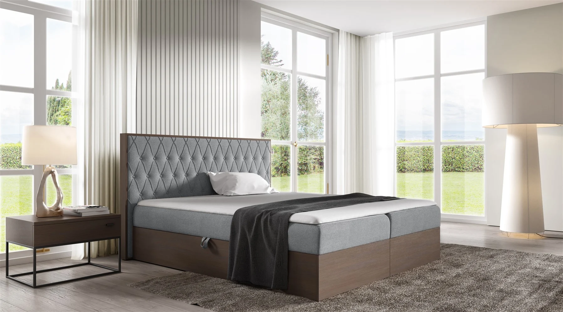 Boxspringbett Bett BROMIA 140x200cm Dunkel Eiche Stoff Grau inkl. Bettkasten - Fun Moebel