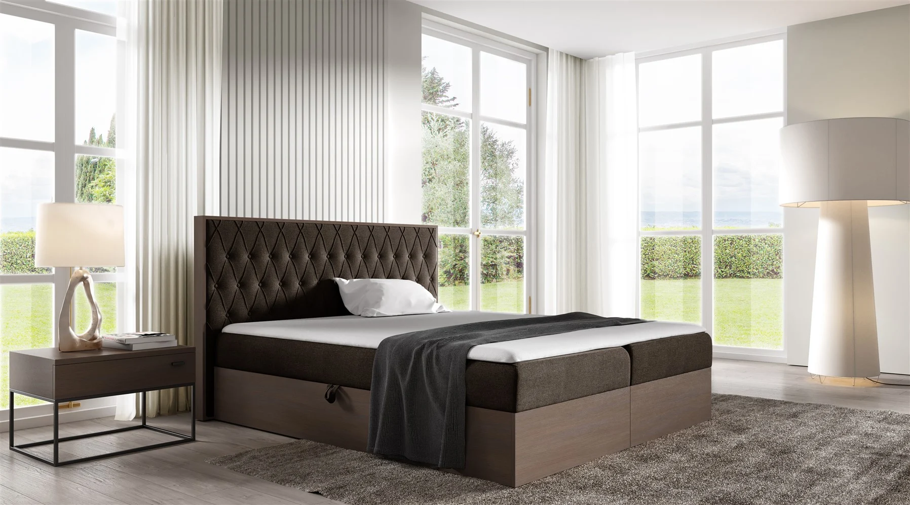 Boxspringbett Bett BROMIA 140x200cm Dunkel Eiche Stoff Braun inkl. Bettkasten - Fun Moebel