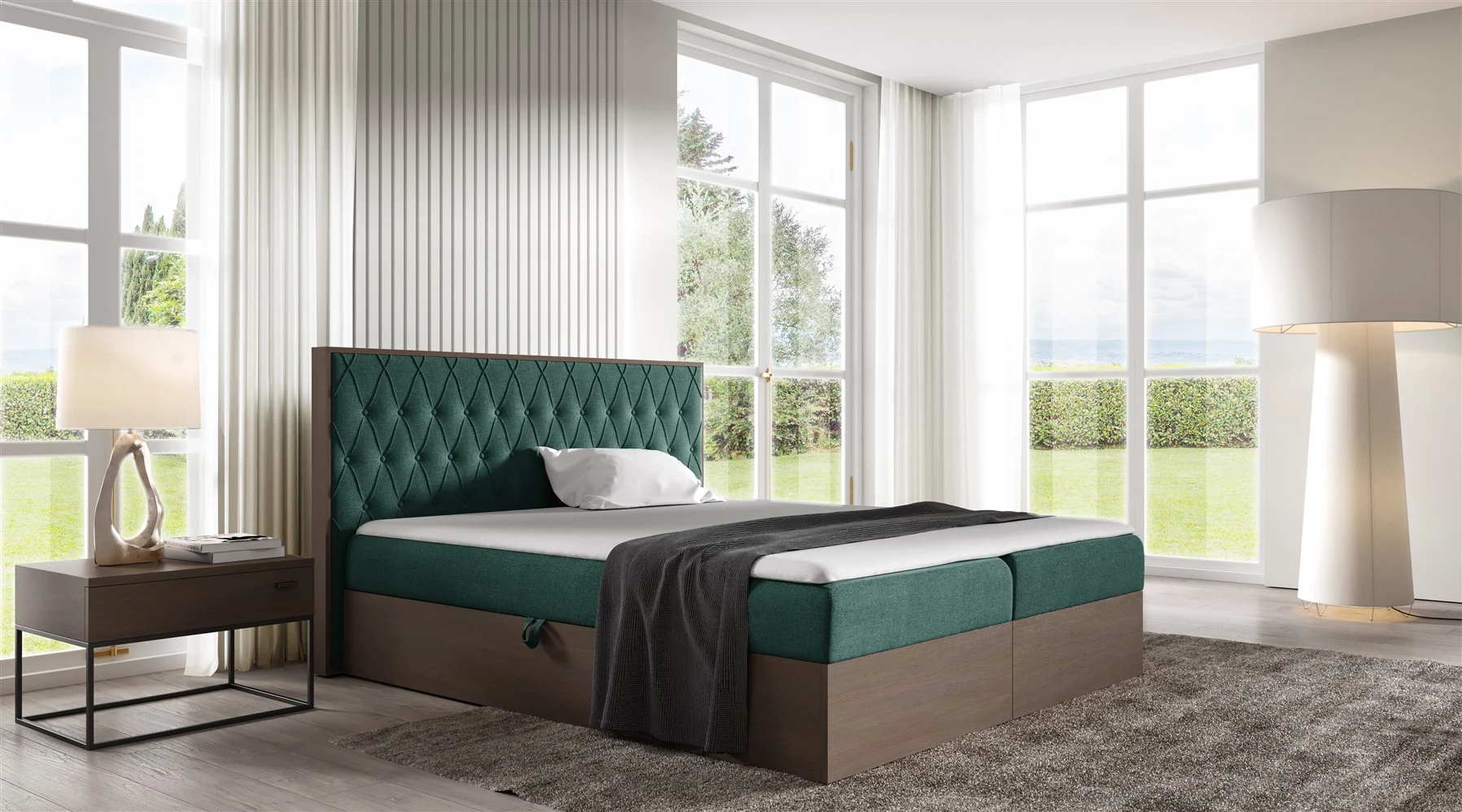 Boxspringbett Bett BROMIA 120x200cm Dunkel Eiche Stoff Grün inkl. Bettkasten - Fun Moebel