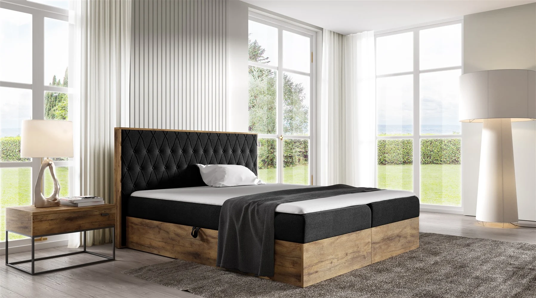 Boxspringbett Bett BROMIA 140x200cm Lancelot Eiche Stoff Schwarz inkl Bettkasten - Fun Moebel