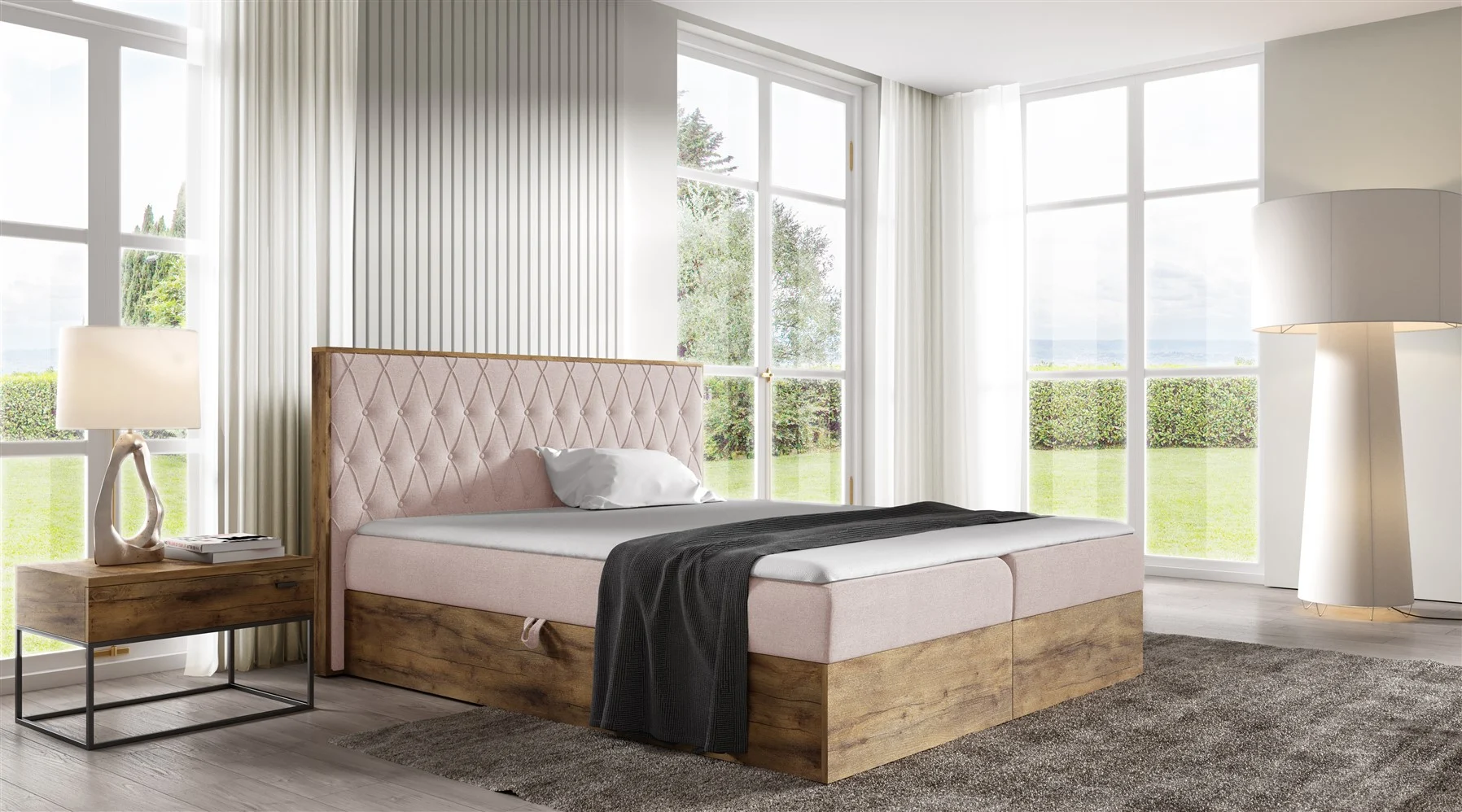 Boxspringbett Bett BROMIA 140x200cm Lancelot Eiche Stoff Altrosa inkl Bettkasten - Fun Moebel
