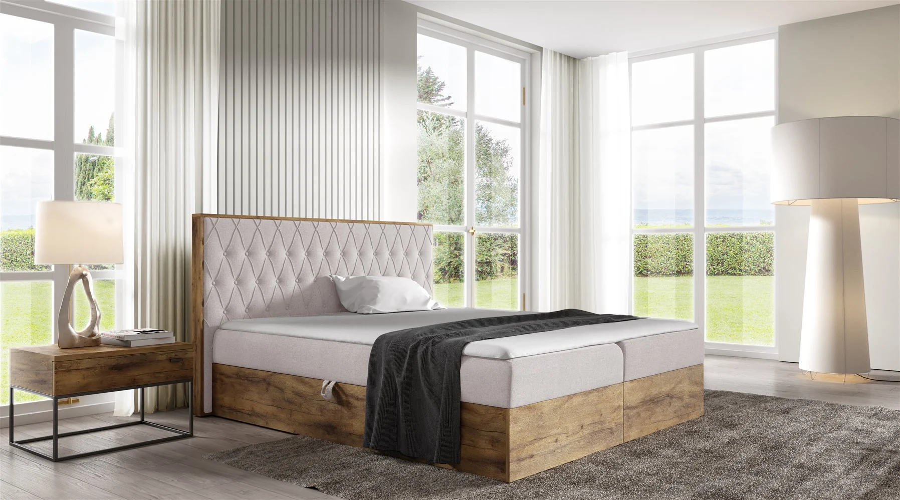 Boxspringbett Bett BROMIA 120x200cm Lancelot Eiche Stoff Hellbeige Bettkasten - Fun Moebel