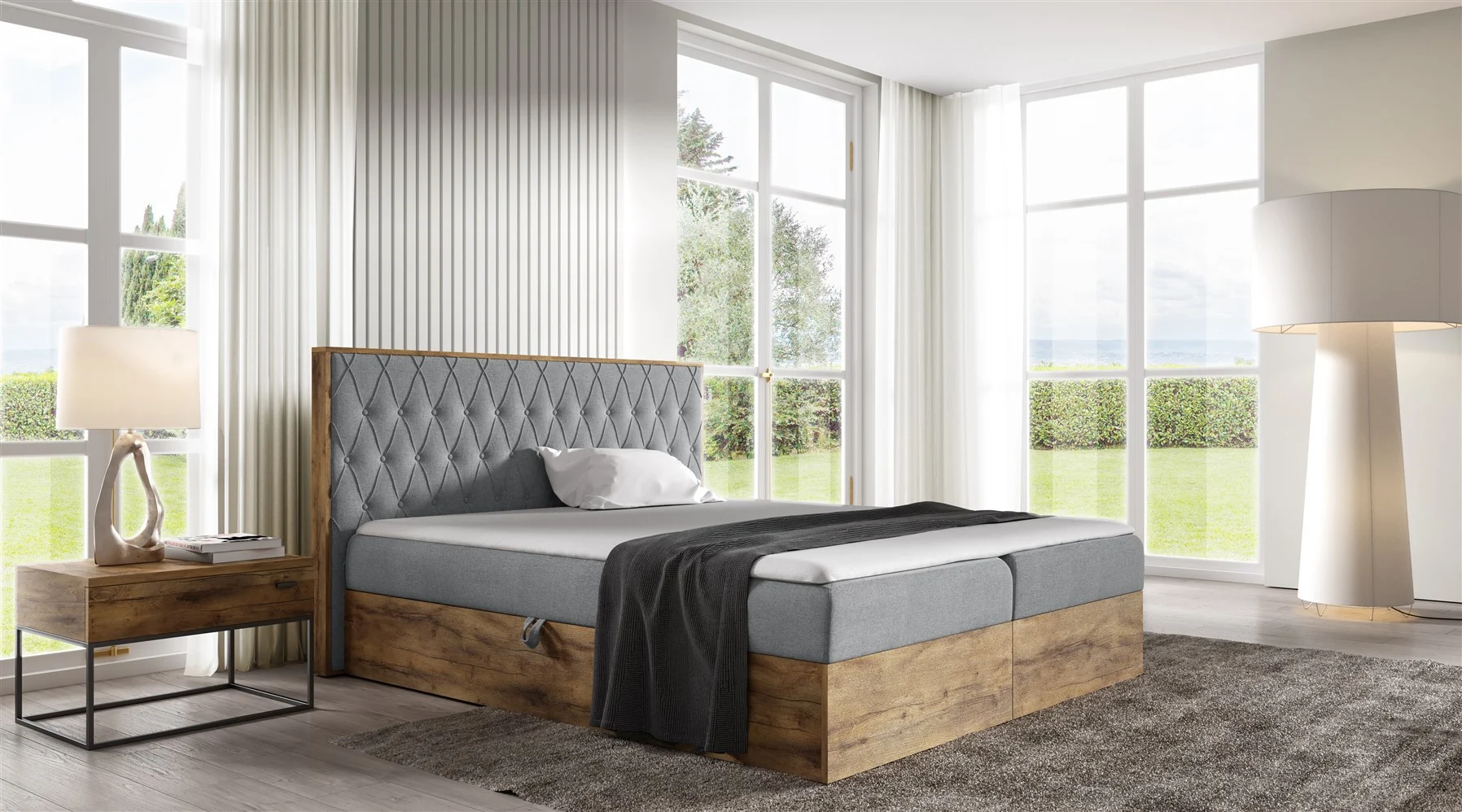 Boxspringbett Bett BROMIA 140x200cm Lancelot Eiche Stoff Grau inkl. Bettkasten - Fun Moebel