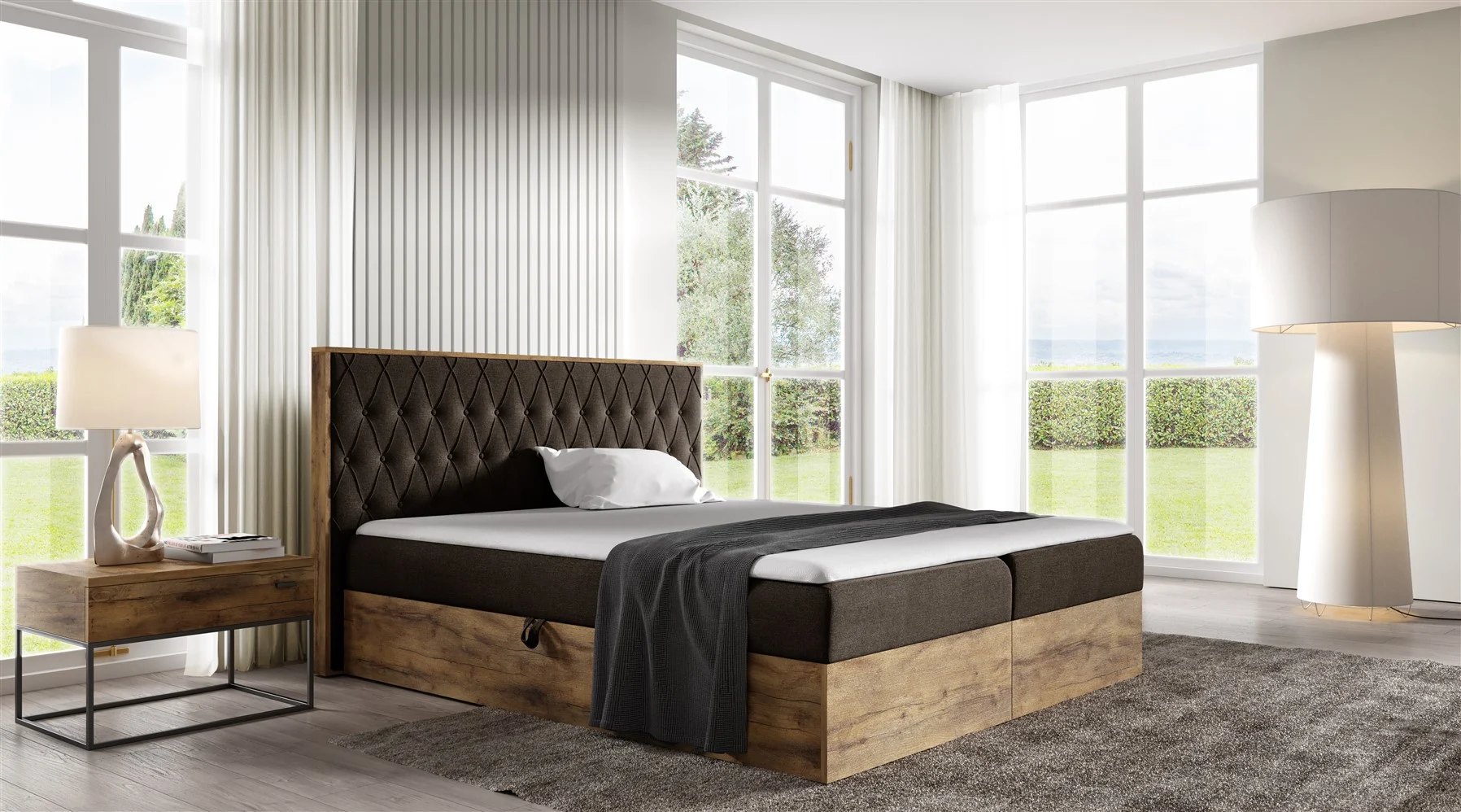 Boxspringbett Bett BROMIA 140x200cm Lancelot Eiche Stoff Braun inkl. Bettkasten - Fun Moebel