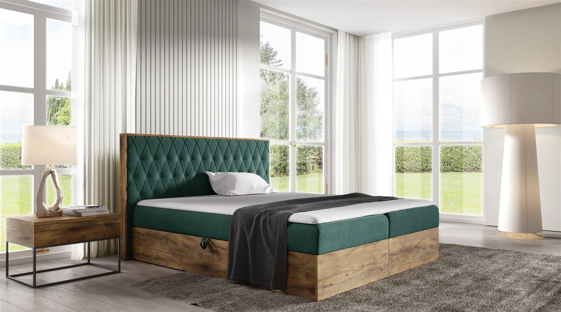 Boxspringbett Bett BROMIA 120x200cm Lancelot Eiche Stoff Grün inkl. Bettkasten - Fun Moebel