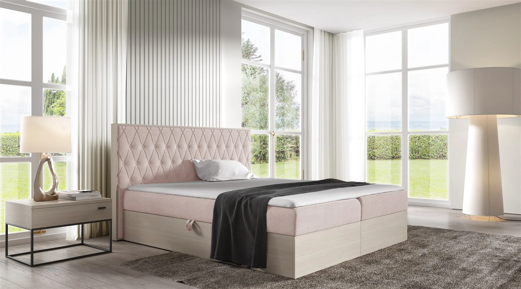 Boxspringbett Bett BROMIA 120x200cm Nordic Teak Stoff Altrosa inkl. Bettkasten - Fun Moebel