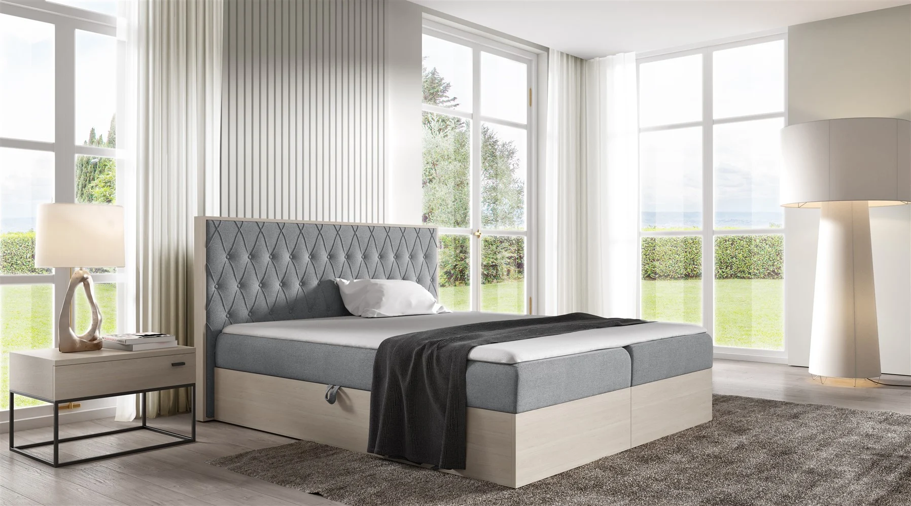 Boxspringbett Bett BROMIA 120x200cm Nordic Teak Stoff Grau inkl. Bettkasten - Fun Moebel