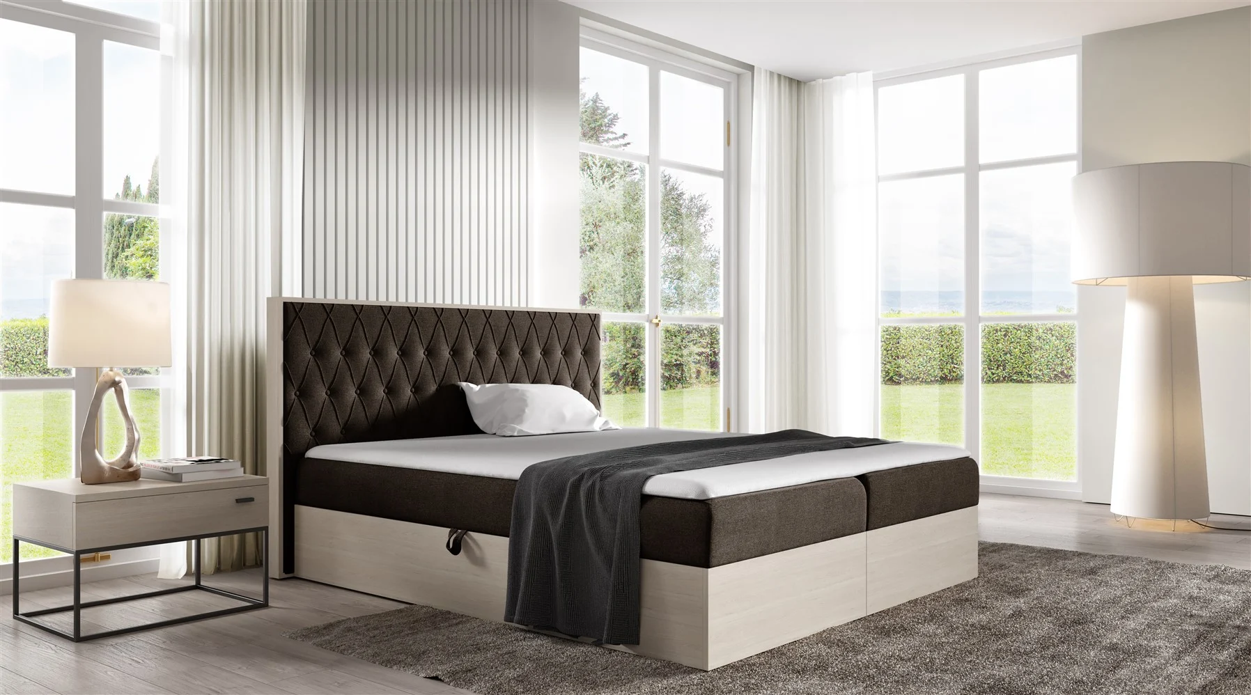 Boxspringbett Bett BROMIA 120x200cm Nordic Teak Stoff Braun inkl. Bettkasten - Fun Moebel