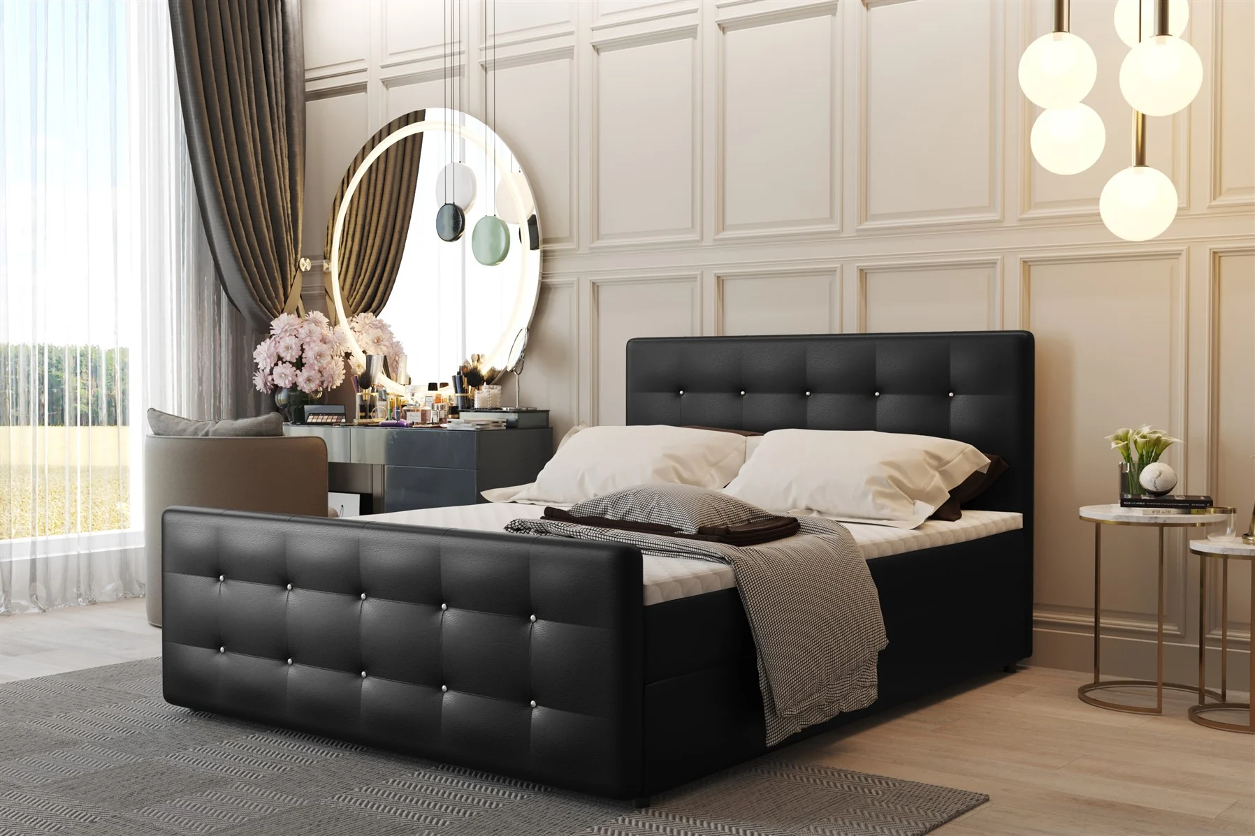 Boxspringbett Schlafzimmerbett CARLOS 140x200cm Kunstleder Madryt Schwarz inkl.Bettkasten - Fun Moebel