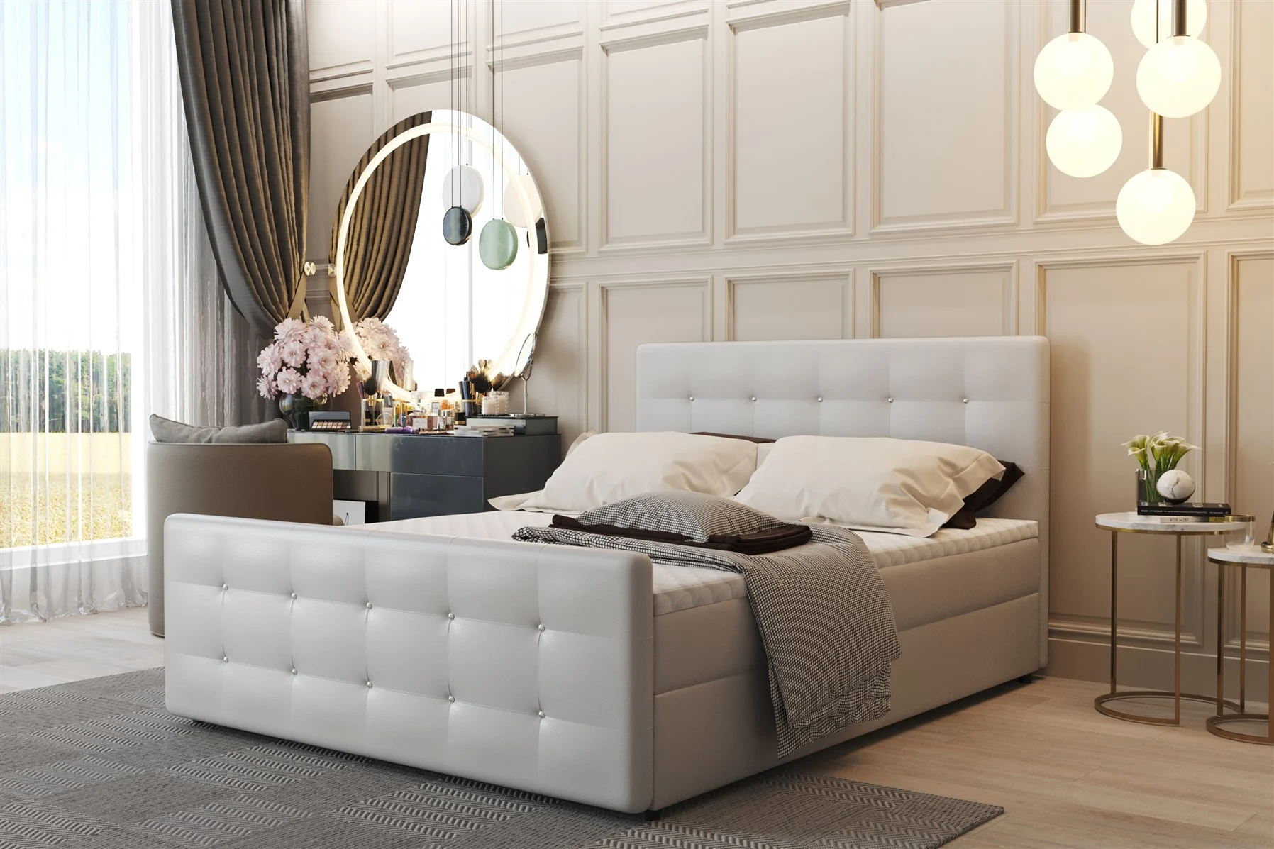 Boxspringbett Schlafzimmerbett CARLOS 140x200cm Kunstleder Madryt Weiss inkl.Bettkasten - Fun Moebel