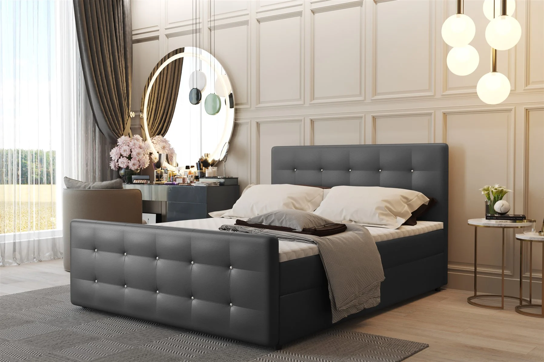 Boxspringbett Schlafzimmerbett CARLOS 140x200cm Kunstleder Madryt Dunkelgrau inkl.Bettkasten - Fun Moebel
