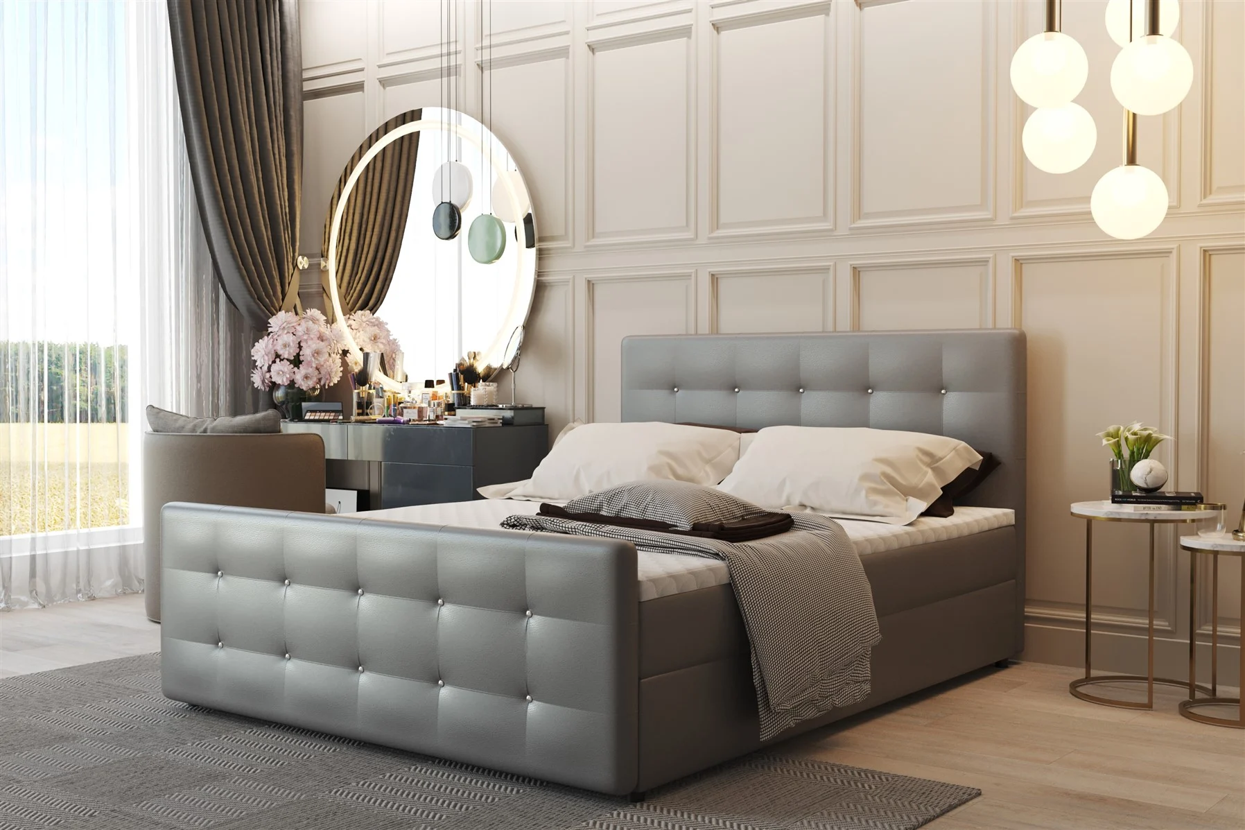 Boxspringbett Schlafzimmerbett CARLOS 140x200cm Kunstleder Madryt Hellgrau inkl.Bettkasten - Fun Moebel