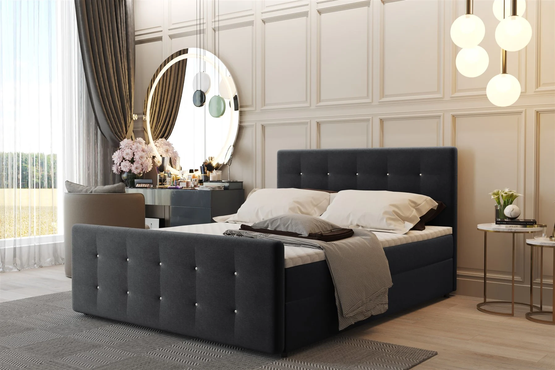 Boxspringbett Schlafzimmerbett CARLOS 140x200cm Stoff Soro Schwarz inkl.Bettkasten - Fun Moebel
