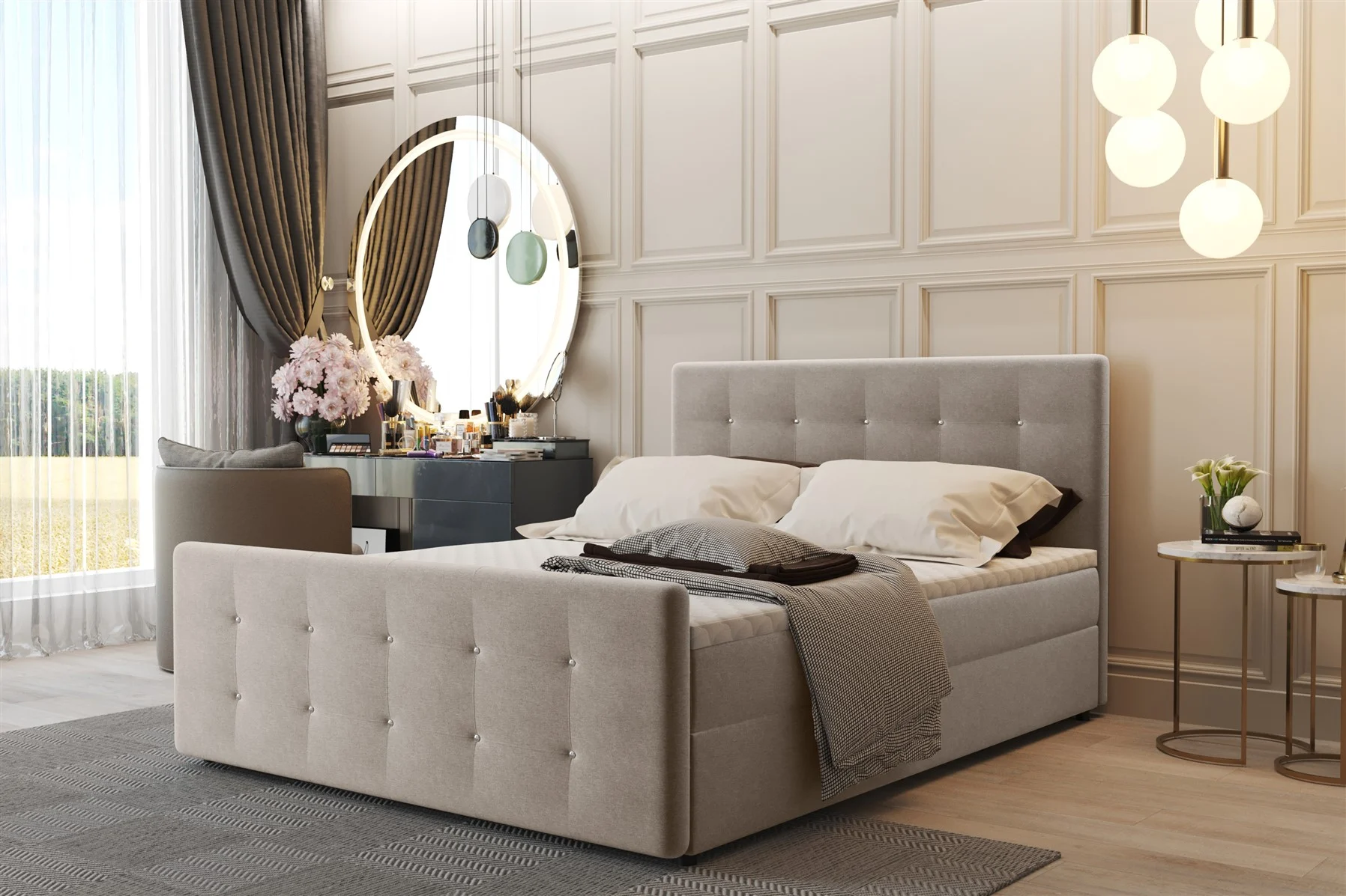 Boxspringbett Schlafzimmerbett CARLOS 140x200cm Stoff Soro Beige inkl.Bettkasten - Fun Moebel