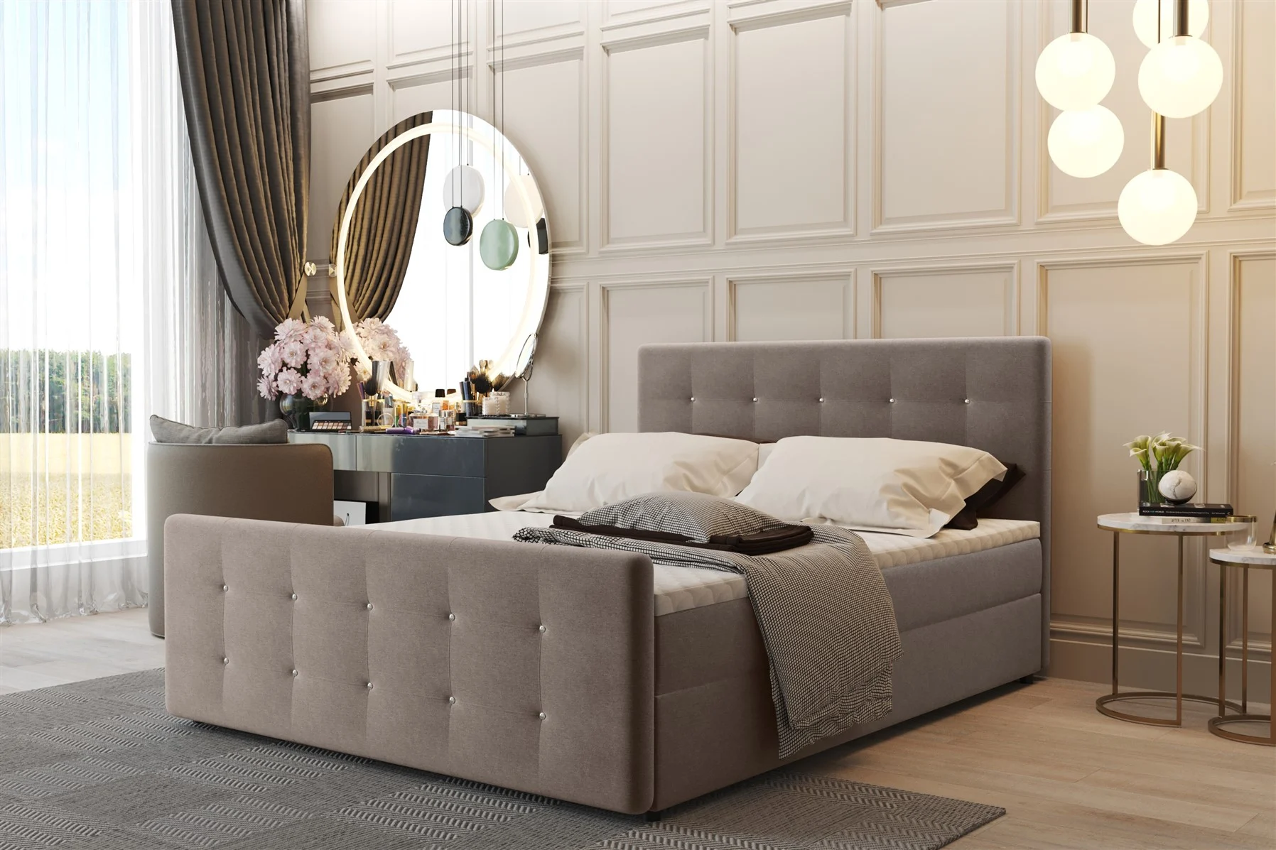 Boxspringbett Schlafzimmerbett CARLOS 140x200cm Stoff Soro Cappuccino inkl.Bettkasten - Fun Moebel