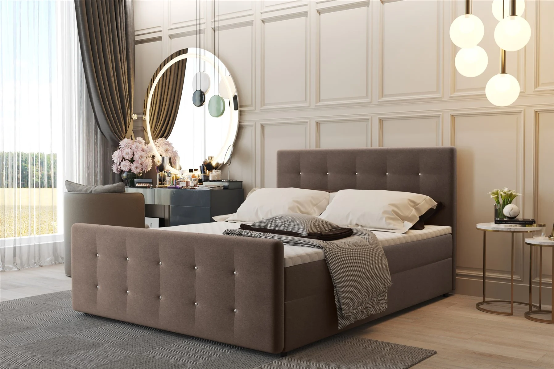 Boxspringbett Schlafzimmerbett CARLOS 140x200cm Stoff Soro Braun inkl.Bettkasten - Fun Moebel