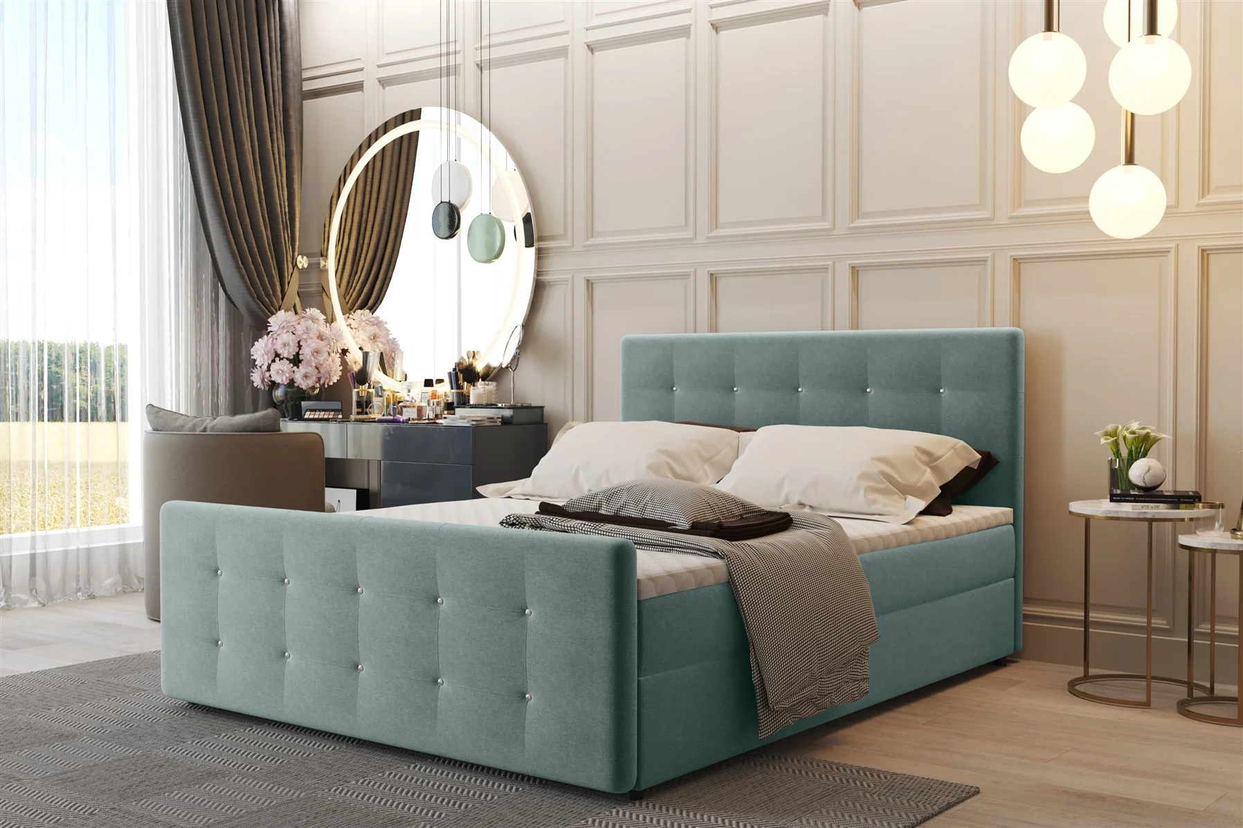 Boxspringbett Schlafzimmerbett CARLOS 140x200cm Stoff Soro Hellgrün inkl.Bettkasten - Fun Moebel