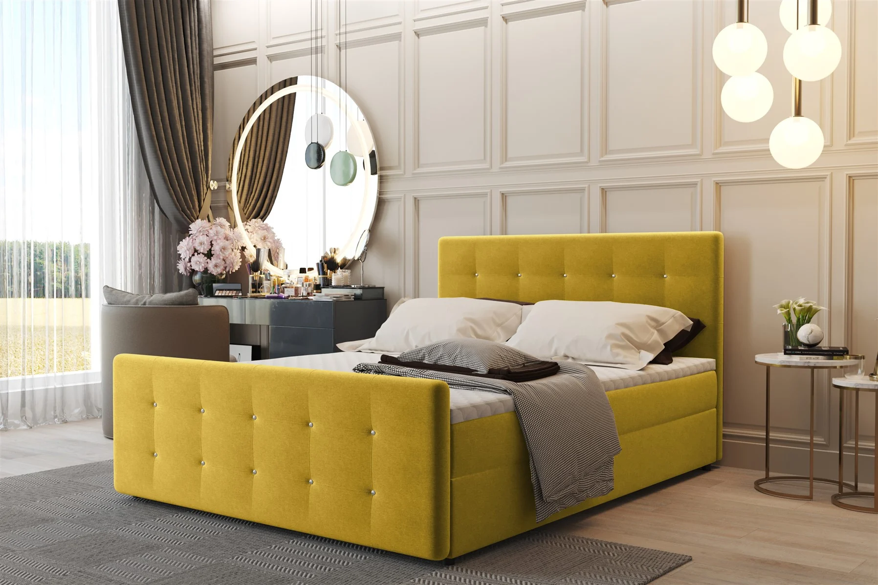 Boxspringbett Schlafzimmerbett CARLOS 140x200cm Stoff Soro Gelb inkl.Bettkasten - Fun Moebel