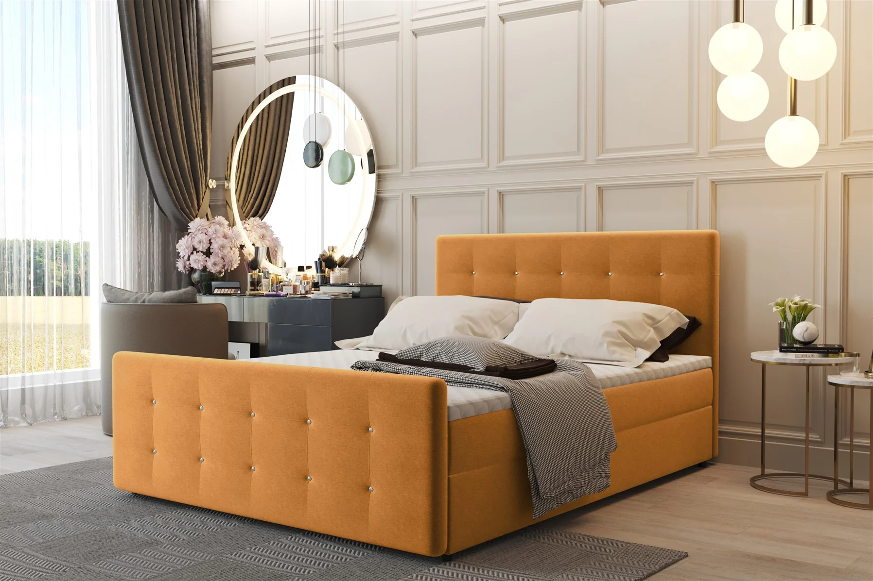 Boxspringbett Schlafzimmerbett CARLOS 140x200cm Stoff Soro Orange inkl.Bettkasten - Fun Moebel
