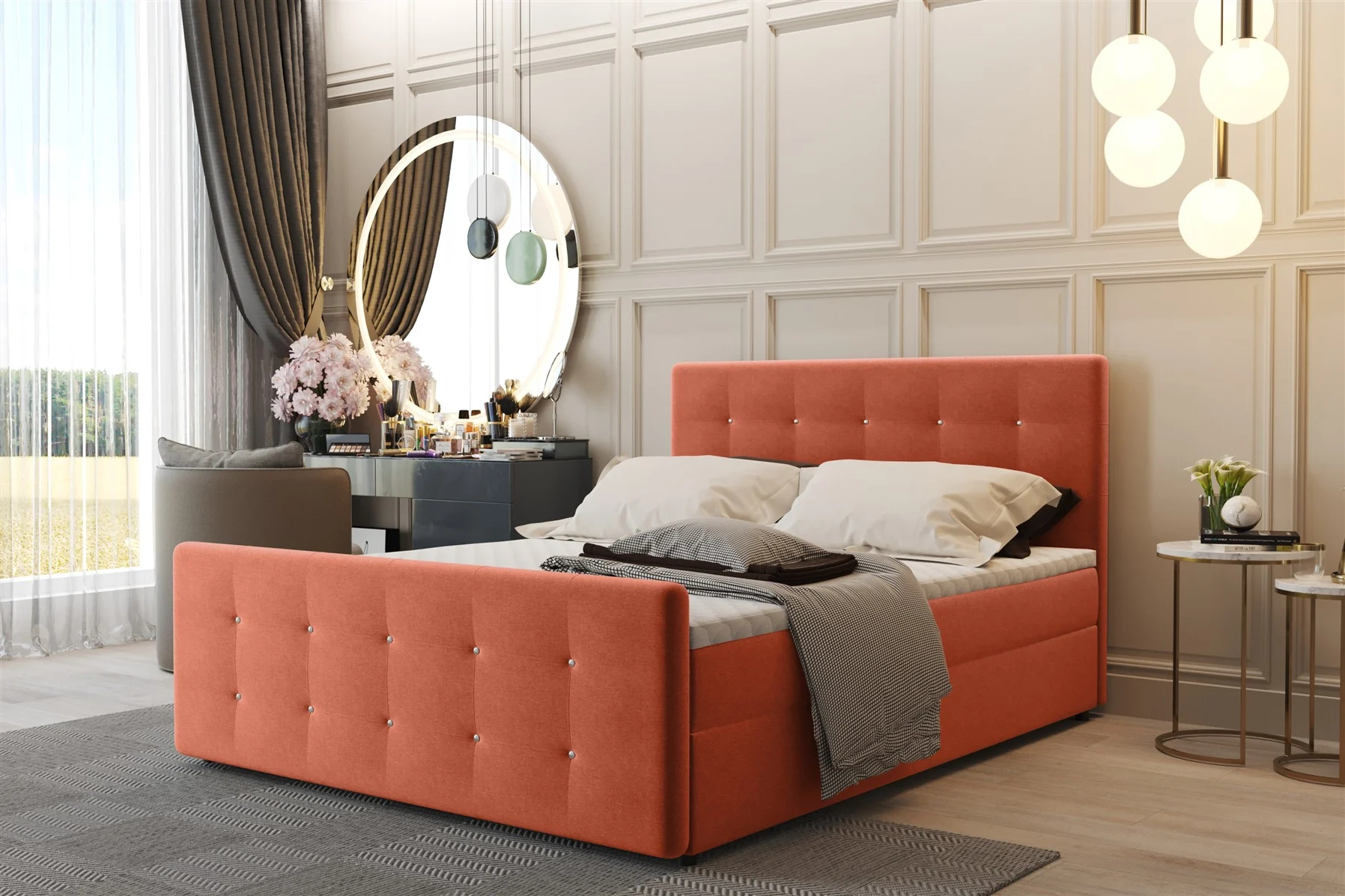 Boxspringbett Schlafzimmerbett CARLOS 140x200cm Stoff Soro Apricot inkl.Bettkasten - Fun Moebel