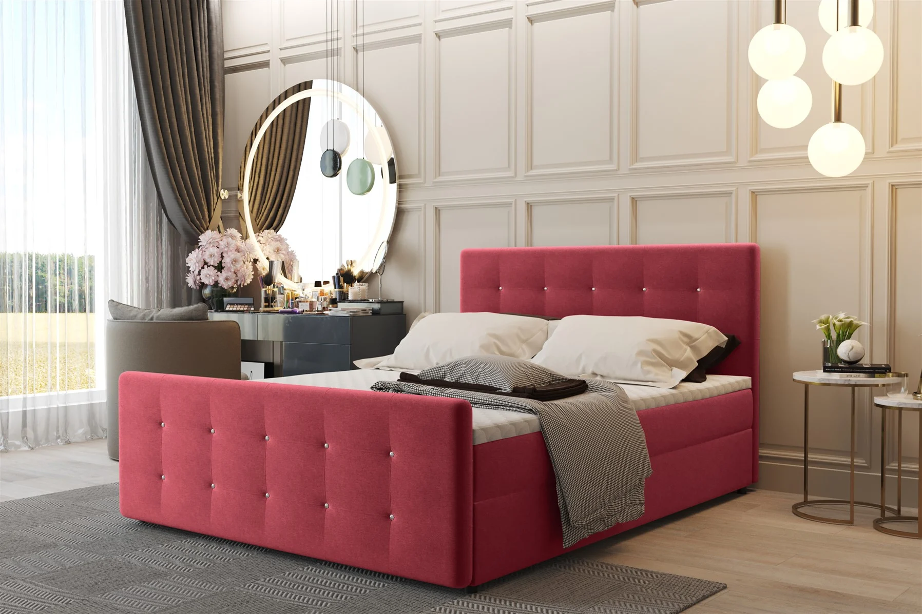 Boxspringbett Schlafzimmerbett CARLOS 140x200cm Stoff Soro Rot inkl.Bettkasten - Fun Moebel