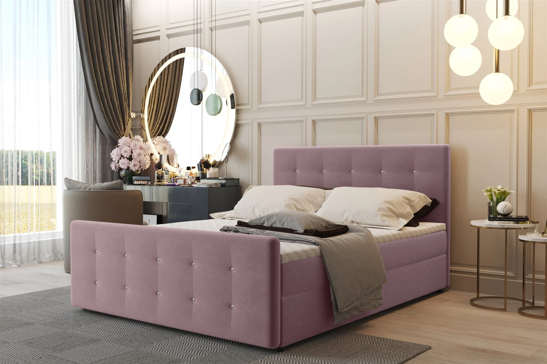 Boxspringbett Schlafzimmerbett CARLOS 140x200cm Stoff Soro Aubergine inkl.Bettkasten - Fun Moebel