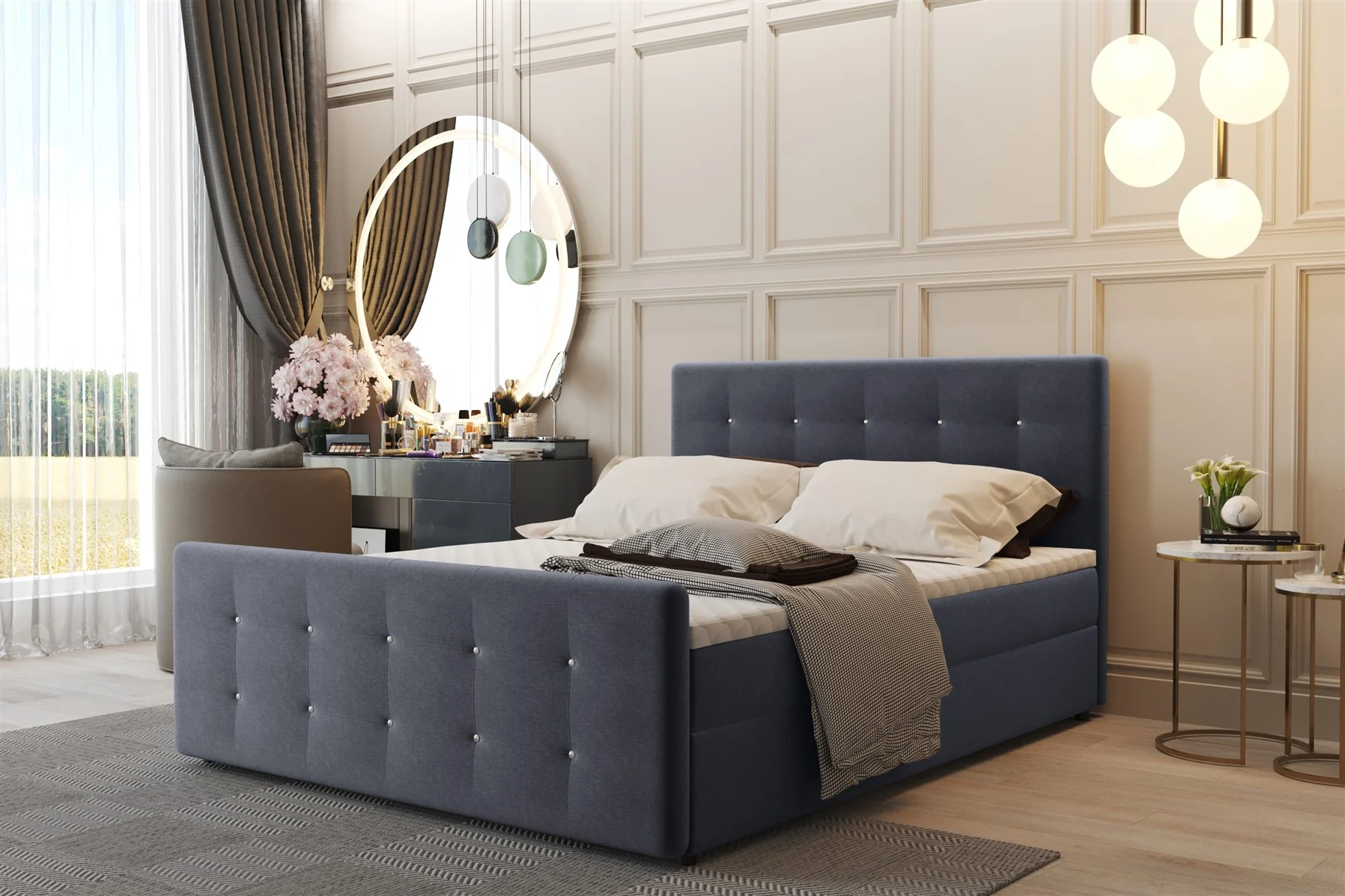 Boxspringbett Schlafzimmerbett CARLOS 140x200cm Stoff Soro Jeans inkl.Bettkasten - Fun Moebel