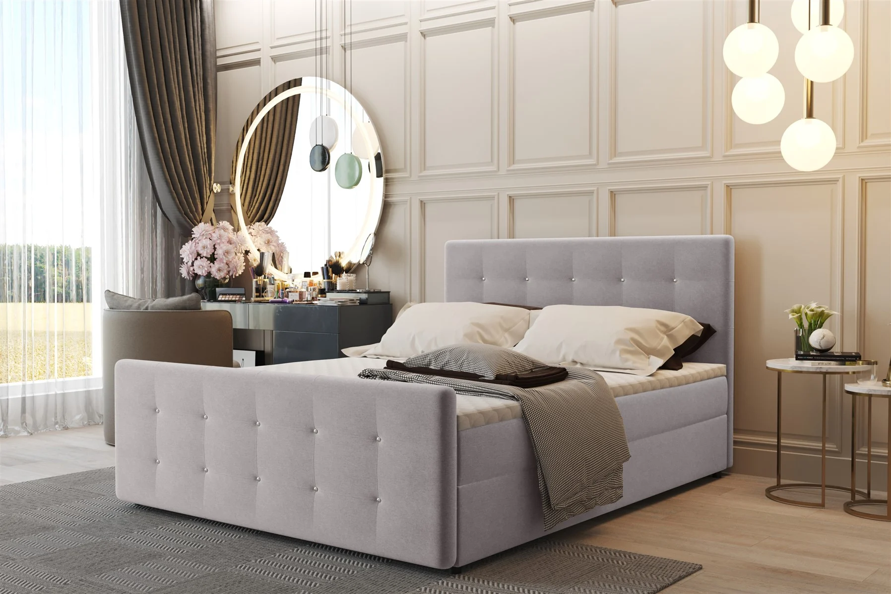 Boxspringbett Schlafzimmerbett CARLOS 140x200cm Stoff Soro Altweiss inkl.Bettkasten - Fun Moebel