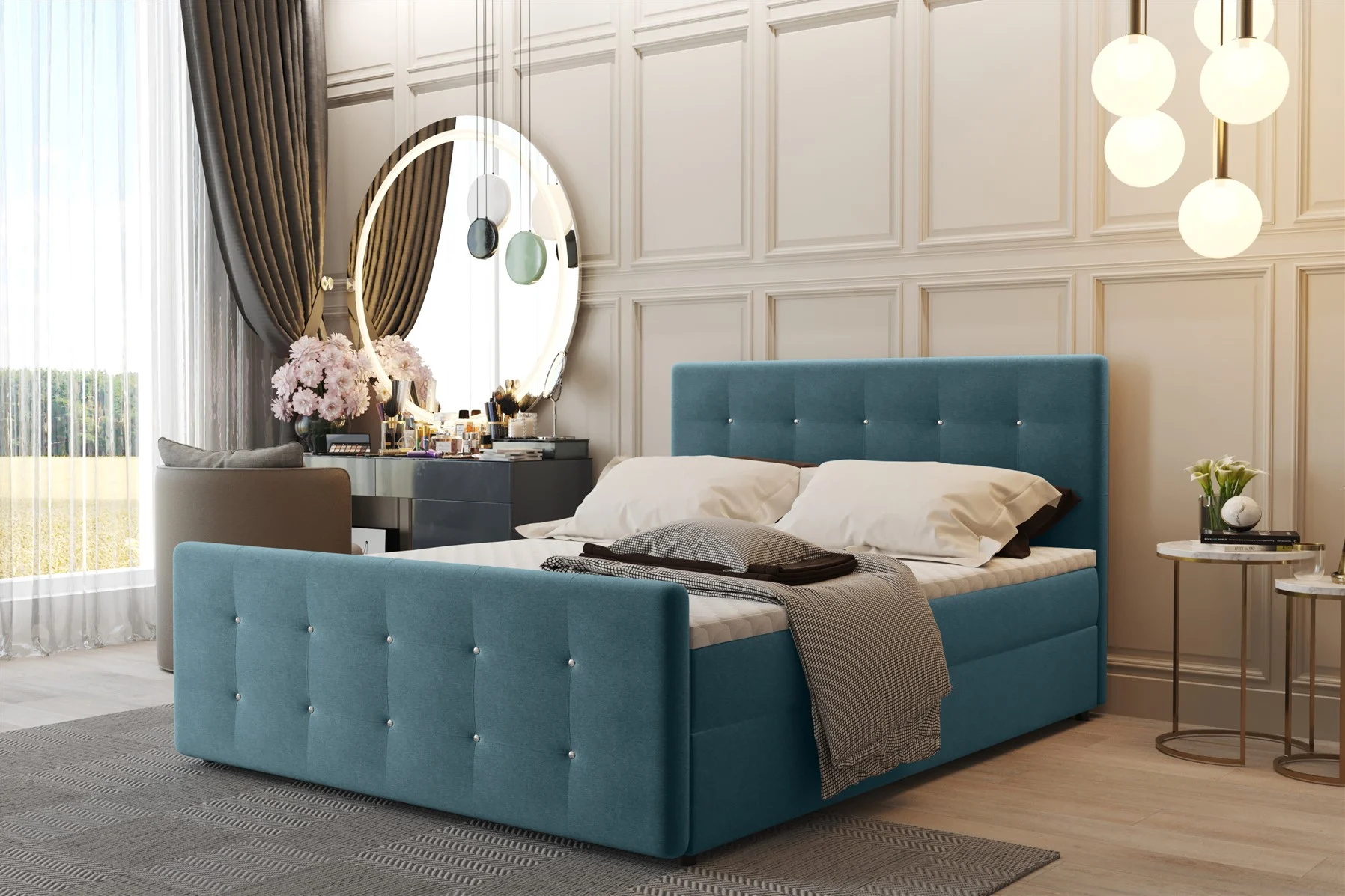 Boxspringbett Schlafzimmerbett CARLOS 140x200cm Stoff Soro Türkis inkl.Bettkasten - Fun Moebel