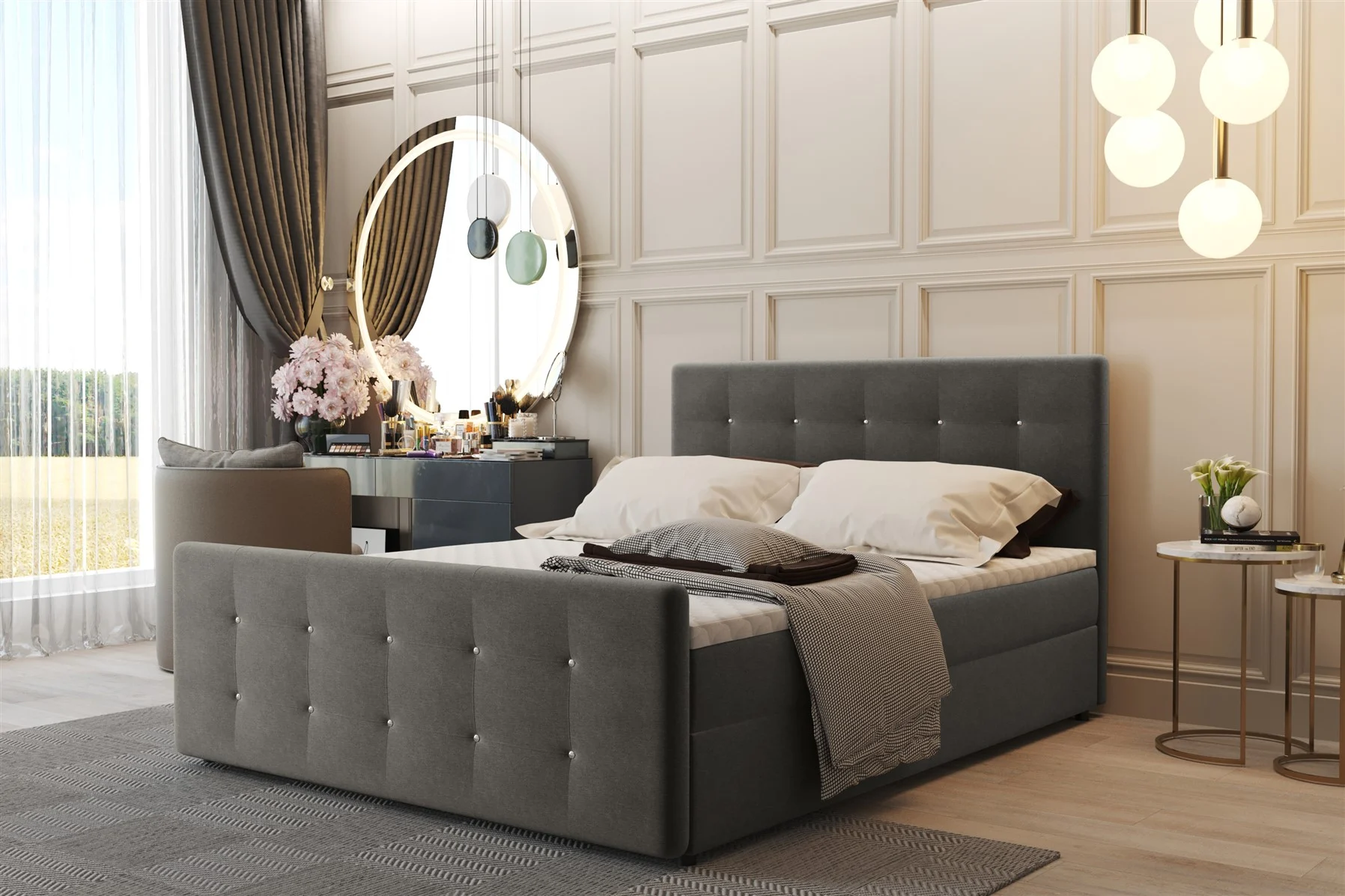 Boxspringbett Schlafzimmerbett CARLOS 140x200cm Stoff Soro Taupe inkl.Bettkasten - Fun Moebel
