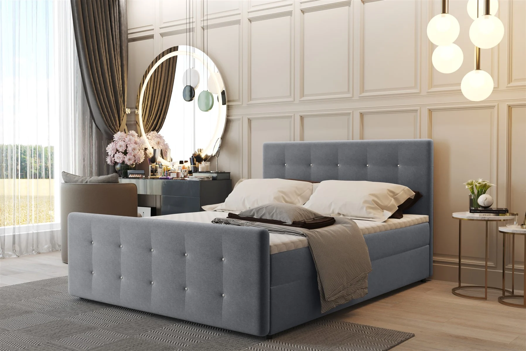 Boxspringbett Schlafzimmerbett CARLOS 140x200cm Stoff Soro Grau inkl.Bettkasten - Fun Moebel