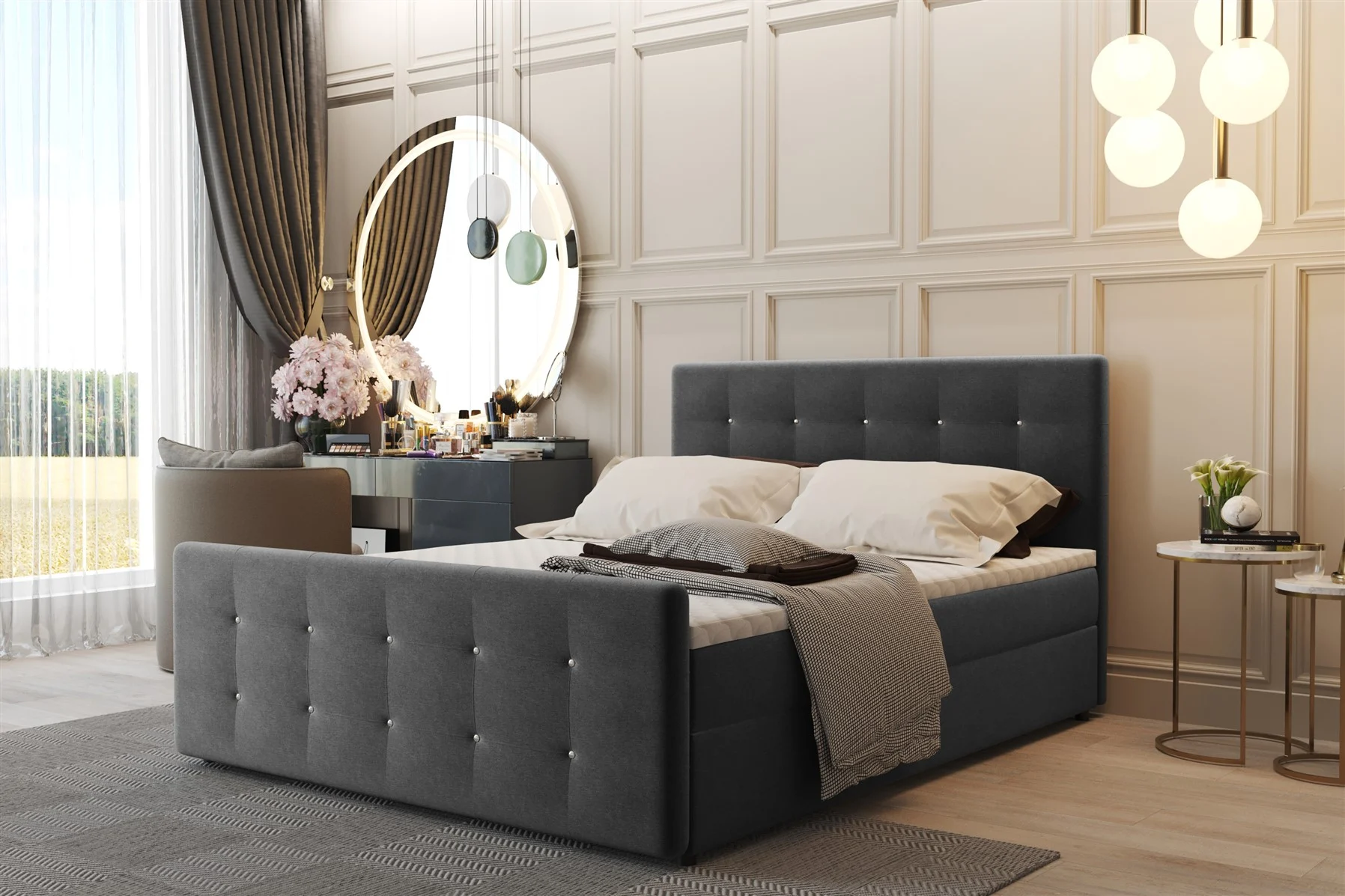Boxspringbett Schlafzimmerbett CARLOS 140x200cm Stoff Soro Quarzgrau inkl.Bettkasten - Fun Moebel
